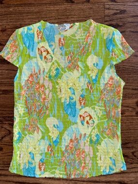 Alberto Makali Large Short Sleeve Top Cap sleeve Floral Smocked sequins Vintage
